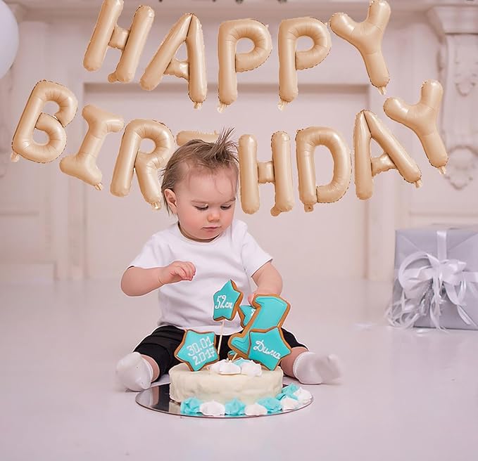 KALOR Beige Happy Birthday Balloons Banner, 16 Inch Mylar Foil Letters Balloon Sign for Birthday Party Decorations Photo Booth Backdrop