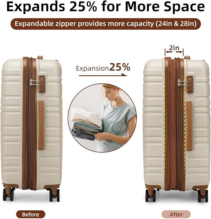 LARVENDER Luggage Sets 6 Piece, Expandable Hardside Carry on Suitcase Set with Spinner Wheels, Lightweight Rolling Luggage Sets for Women with TSA Lock, Cream Brown