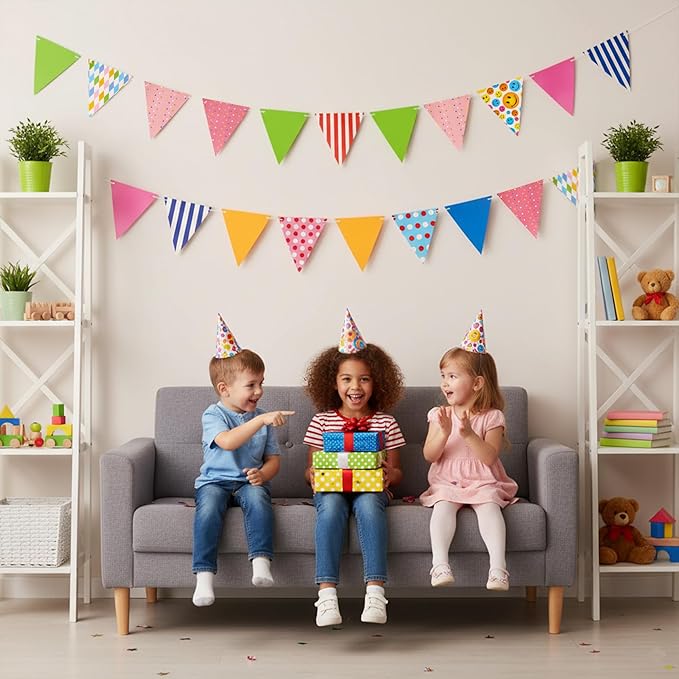 Colorful Paper Flag Banner, 24 Pcs Triangle Banner Birthday Garland with 32.8ft Ribbon, Smiley Face Pennant Flags for Kids Party, Nursery, Preschool Classroom Wall Decorations