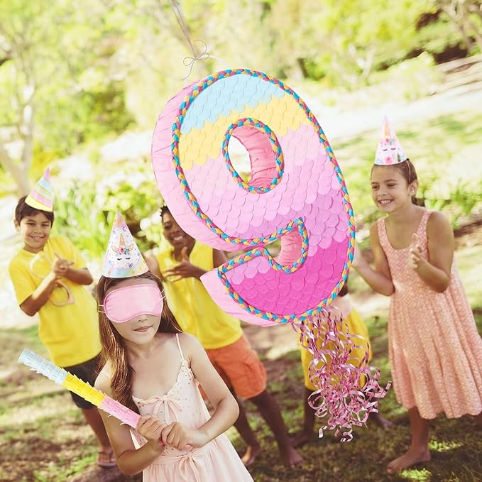 WERNNSAI Number 9 Piñata – Pink 9th Birthday Party Decorations Rainbow Ombre Nine Piñata for kids girls with Blindfold and Stick for 9 Year Birthday Supplies Princess Anniversary Decoration