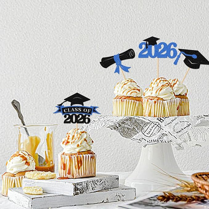 2026 Graduation Cupcake Toppers, 36 pack Blue Glitter Class of 2026 Congrats Grad Diploma Grad Cap Cupcake Picks for 2026 Graduation Party decorating Supplies
