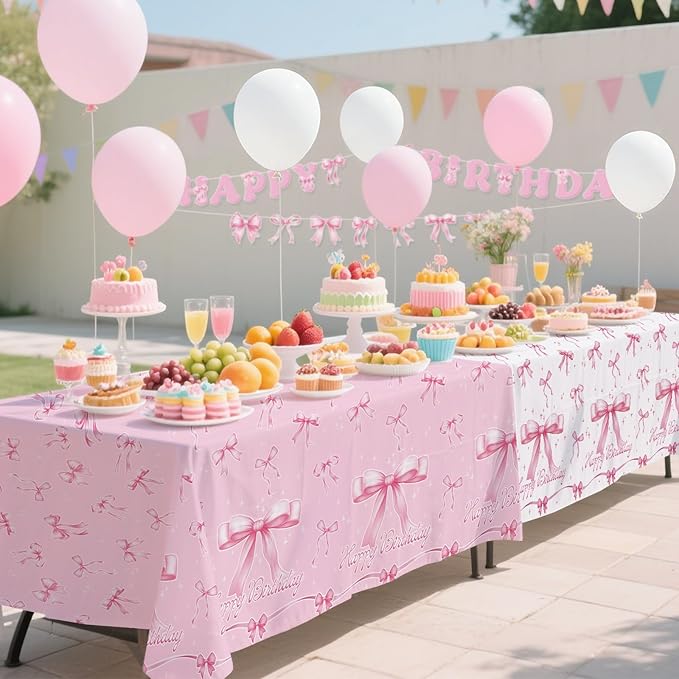 Pink Bow Happy Birthday Decorations Set for 24: Bachelorette Party Supplies Kit with Dinner & Dessert Plates, Napkins, Cups, Banner, Tablecloth - for Women's Tea Birthday Party Decorations