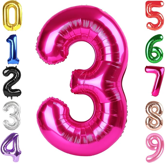 40 Inch Hot Pink Number 3 Balloon, Giant 3 Number Balloons for 3rd Birthday Decorations, Party Supplies for Baby Boy Girl, Hot Pink Party Decor