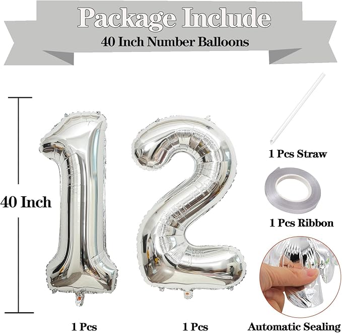 Large Silver 12 Number Balloons, 40 Inch Jumbo Number 12 Balloon, Silver Foil Mylar Balloons for Girl Sweet 12th/21th Birthday Party, Anniversary Decorations