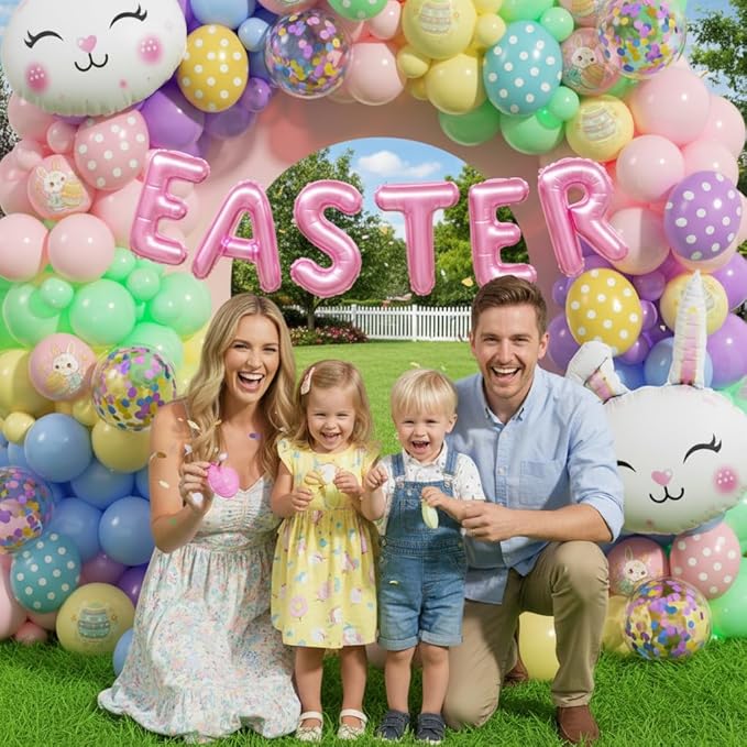 Easter Balloon Garland Kit 168Pcs, Pastel Rainbow Balloon Arch Kit with Bunny Foil, Printed Balloons Spring Colorful Balloon for Spring Easter Baby Shower Birthday Party Decorations