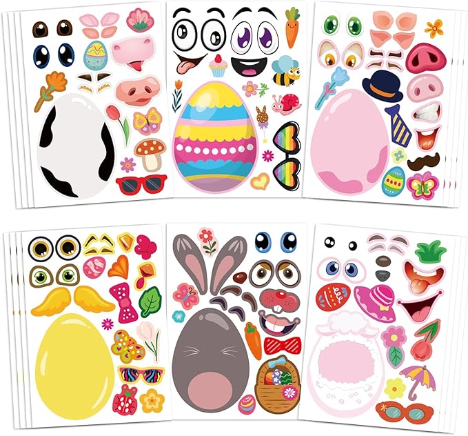 24 PCS Easter Stickers for Kids, Make A Face Stickers, Easter Basket Stuffers Egg-Themed Sticker for Families, Schools, Classroom Party Craft Favors