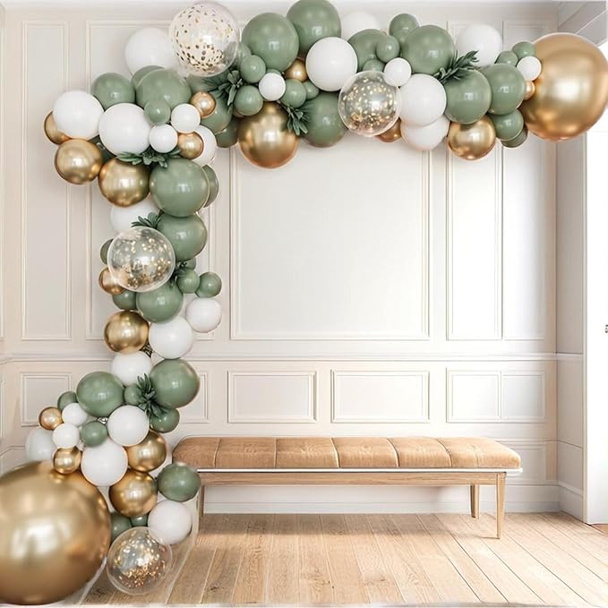 PartyWoo Sage Green Balloon Arch Kit Garland 152pcs Different Sizes of 18 12 10 5 Inch Olive Dusty Green White Gold Confetti Boho Balloons for Baby Shower Graduation Birthday Jungle Party Decorations