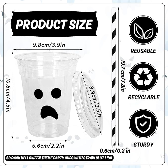 Whaline 60Pcs 12Oz Halloween Disposable Plastic Cups with Lids and Straws Black Spooky Ghost Cold Beverage Drinking Cups for Trick or Treat Birthday Party Supplies