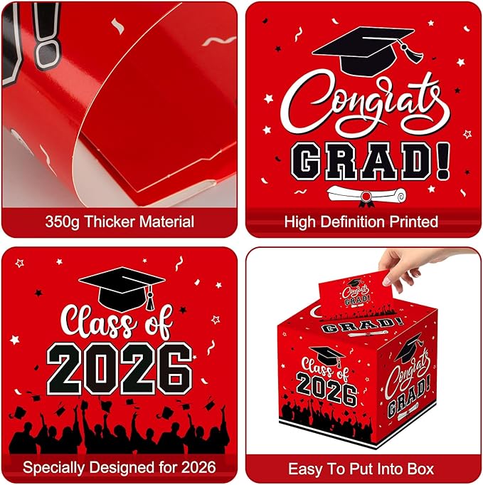 Graduation Card Box 2026 - Congrats Grad Card Boxes Holder, Red Class of 2026 Graduation Gift Cards Box for Graduation Party Decorations 2026 Favors Decor Supplies Props,9x 9 x 9 inches