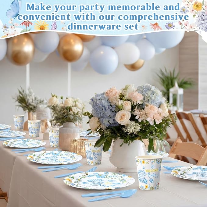 400 Pcs Blue Wildflower Boy Baby Shower Party Decoration for 50, a Sweet Baby Is on His Way Floral Paper Plates Napkins and Cups Cutlery Tableware Set for Boy Shower Party Supplies
