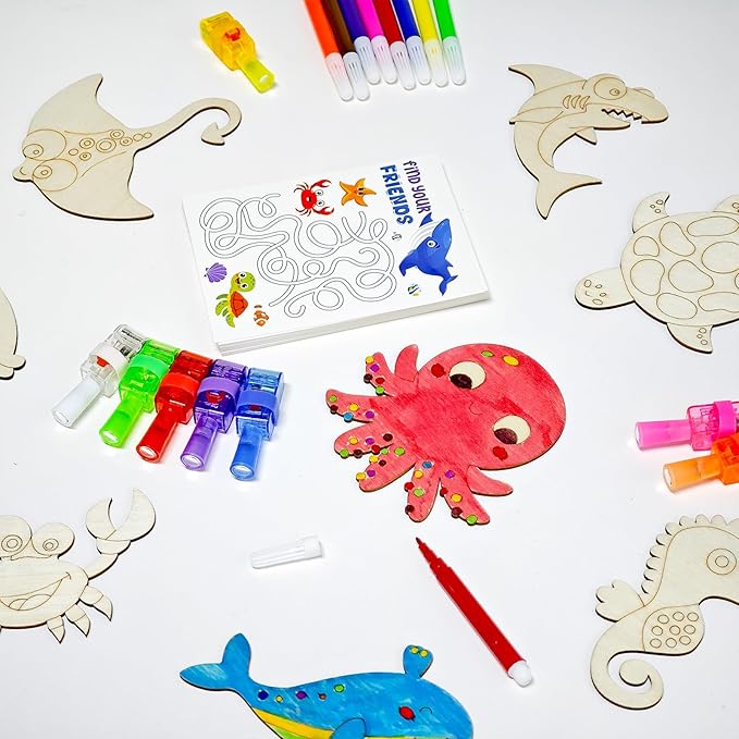 Cinrobiye 144 PCS Under the Sea Party Favors Ocean Animals Wooden Painting Kits with LED Light Up Finger Lights, Sea Animal Birthday Party Supplies, Goodie Bag Fillers, Pinata Fillers,Prize Bulk Set
