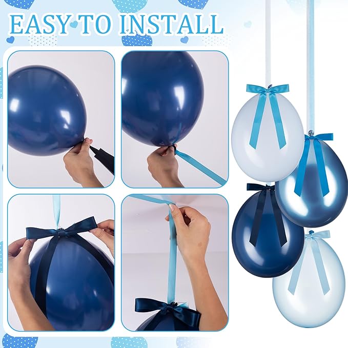 TaoBary 24 Set Pastel Blue Party Balloons, 12inch Gradient Blue Rainbow Latex Balloons and Gradient Ribbon Bows with Twist Tie for Baby Shower Birthday Party Bridal Shower Decor