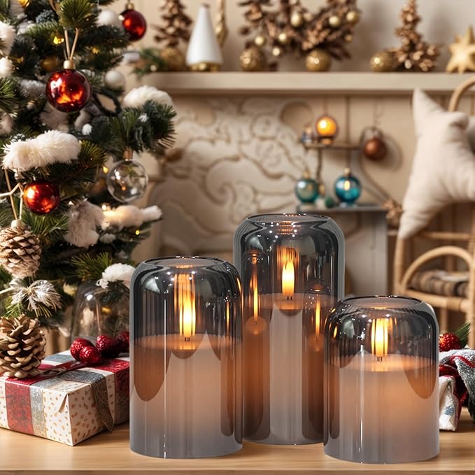 Black Glass Flameless Candles with Remote, Battery Operated Ribbed LED Pillar Candles Flickering Real Wax Candle, 3D Wick with Pumpkin Shape Set of 3 (Φ 3" H 4" 5" 6")
