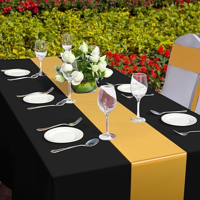 12Pack 12x108 Inch Satin Table Runner and 54x108Inch Plastic Tablecloths Set Black and Gold Disposable Rectangle Table Cover for Graduation Wedding Bridal Shower Anniversary Birthday Party Decorations