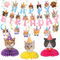 Chinco 16 Pcs Cat Theme Birthday Party Decorations Party Supplies Kit, Includes Cat Party Banner with 6 Hanging Cutouts 6 Hanging Swirl Decor and 3 Birthday Honeycomb Party Decoration(Cute Style)