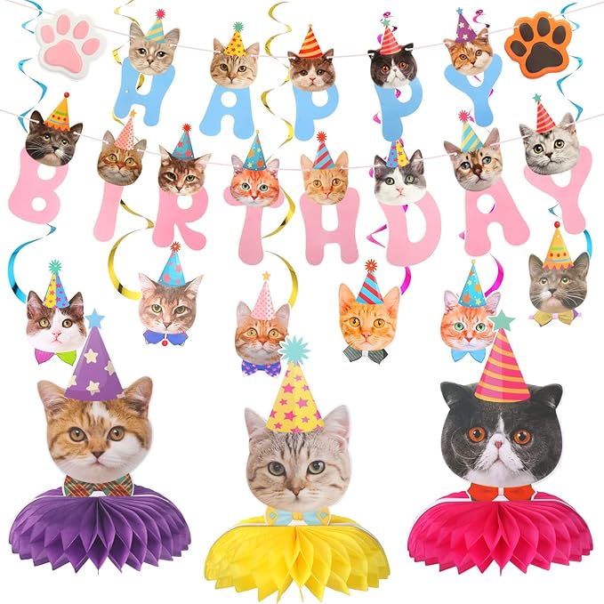 Chinco 16 Pcs Cat Theme Birthday Party Decorations Party Supplies Kit, Includes Cat Party Banner with 6 Hanging Cutouts 6 Hanging Swirl Decor and 3 Birthday Honeycomb Party Decoration(Cute Style)