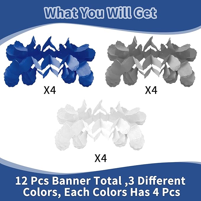 Blue-White Birthday-Party Graduation Decorations 2026 - Blue Streamers Garland Royal Navy Blue Silver 4-Leaf Clover Paper Banners Backdrop Men Boy Fathers Day Wedding Party Decor Supplies Garsellen