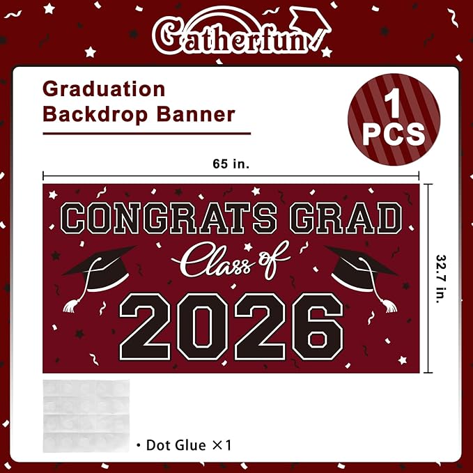 2026 Graduation Party Plastic Backdrop - 65" x 32.7" Congrats Grad Banner in Maroon, Large Class of 2026 Decorations, Photography & Grad Party Supplies
