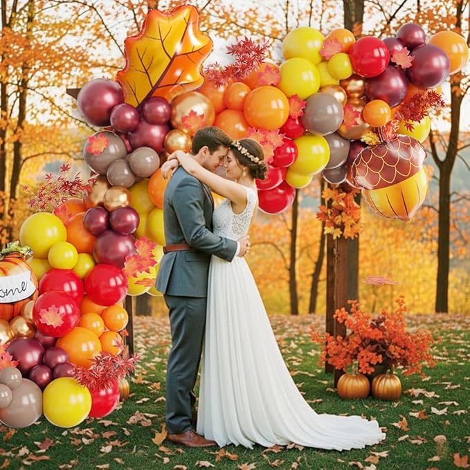 Fall Thanksgiving Balloon Arch Kit, 142Pcs Burnt Orange Burgundy Yellow Balloons with Maple Leaf Pumpkin Foil Balloons for Autumn Little Pumpkin Baby Shower Birthday Friendsgiving Party Decorations