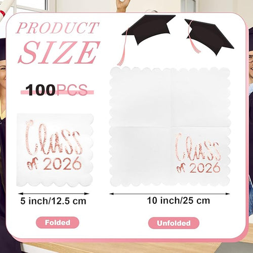 100 Pcs Class of 2026 Graduation Cocktail Napkins 5 x 5 Inch Congrats Grad Scalloped Paper Napkins for Dinner Beverage Graduate Decorations(Rose Gold)