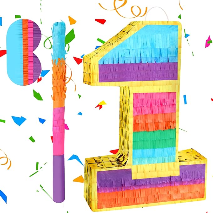 Rainbow Number 1 Pinata Birthday Decorations for Kids, Rainbow Pinata with Bat Stick Blindfold for Boys Girls Birthday Celebrations Baby Shower Party Supplies (16.1x10.6x2.9 Inches)