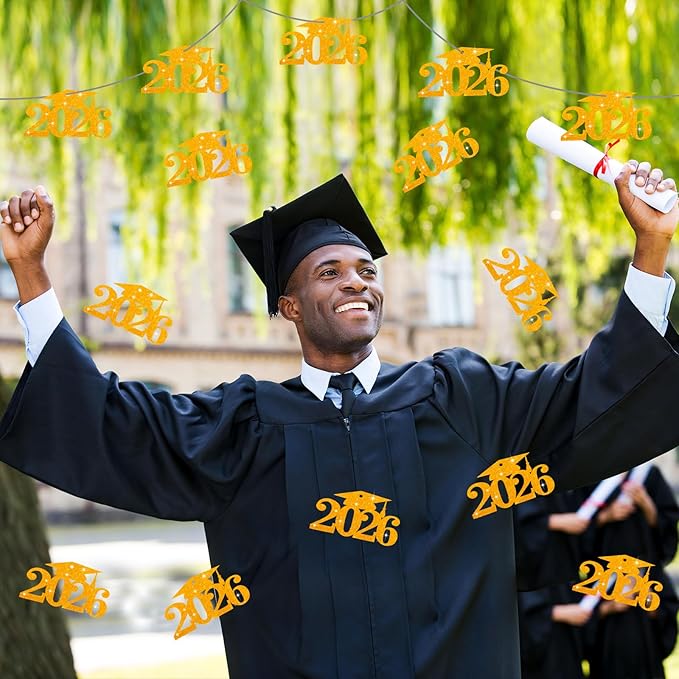 Chinco 24 Pcs 2026 Graduation Decorations Class of 2026 Graduation Centerpieces for Table Glitter Cutouts Grad Cap Tags Double Side Sparkling Glitter Confetti Party Decor for Vase Mason Jar(Gold)