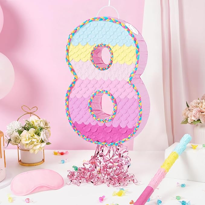 WERNNSAI Number 8 Piñata – Pink 8th Birthday Party Decorations Rainbow Ombre Eight Piñata for kids girls with Blindfold and Stick for 8 Year Birthday Supplies Princess Anniversary Decoration