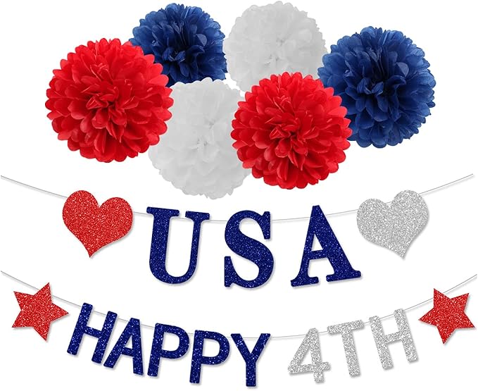 Fourth-4th of July Imemorial-Day Party-Decorations - 8pcs Red White Blue Patriotic Banner Hanging USA Garland Streamers, Paper Tissue Pom Poms Flowers,America Independence Day Decor Lasting Surprise