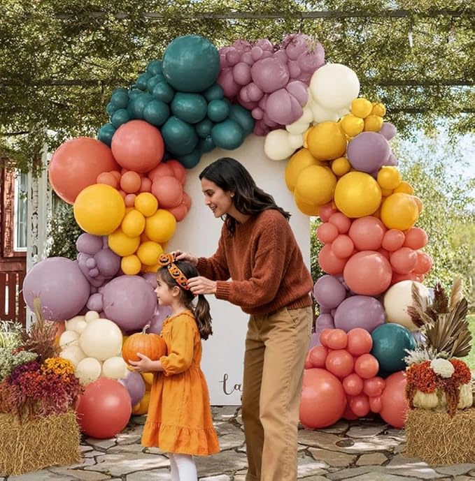 Boho Rainbow Balloon Garland Kit Double Stuffed Dusty Blue Pink Ivory Balloon Arch Mustard Yellow Purple Balloons for Thanksgiving Fall Baby Shower Birthday Party Decorations