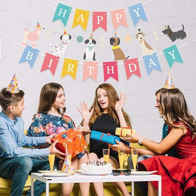 Dog Themed Banner Happy Birthday Banner Backdrop Colorful Decoration Kids Baby Dog Birthday Party Supplies