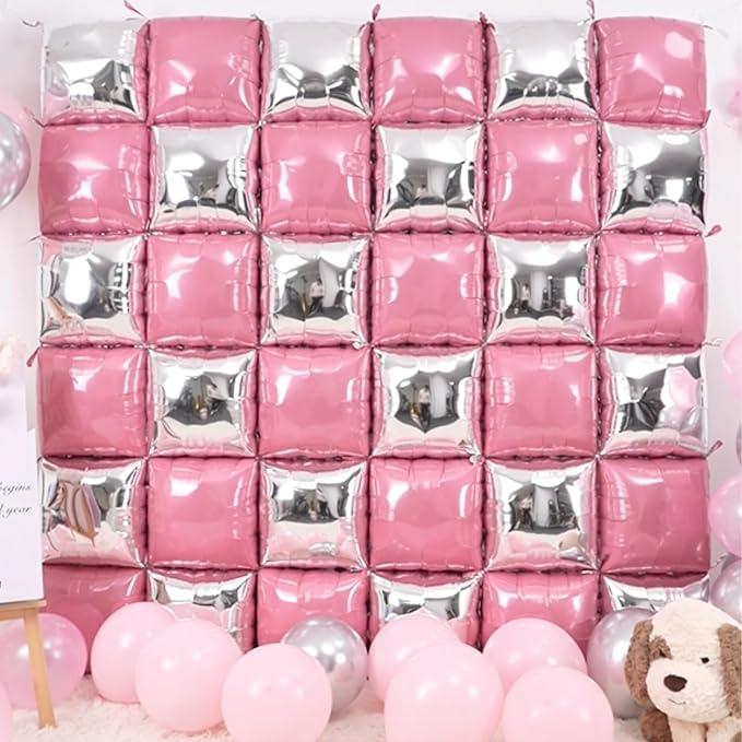 Pearl Pink and Silver Double Sided Square Foil Balloons Wall,19 Inches Pink Metallic Foil Balloons Tunnel Arch Kit for Girls Bachelorette,Wedding,Anniversary,Birthday,Valentines Day Decoration