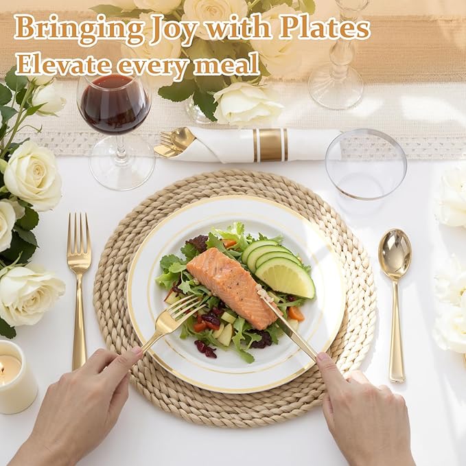 350Piece Gold Dinnerware Set for 50 Guests - Gold Plastic Plates with Disposable Cutlery Include:50Dinner Plates-50Dessert Plates-50Pre Rolled Napkins with Silverware for Wedding