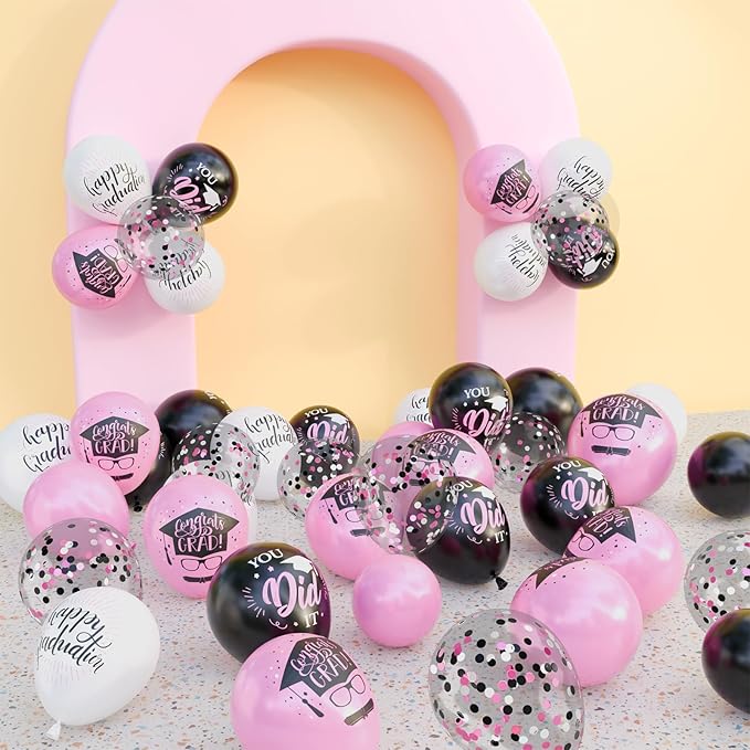 OuMuaMua 75 Pack Graduation Party Decorations Balloons Set - 12 Inch Pink Black White Confetti Graduation Balloons with 2 Ribbons for Class of 2026 Congrats Grad Birthday Party Decor Supplies