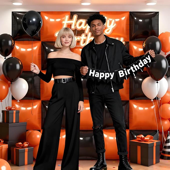 36Pcs Black and Orange Square Foil Balloons Wall Backdrop, Double Sided Metallic Foil Balloons Tunnel Arch Garland Kit for Photo Booth Birthday Wedding Halloween Christmas Party Decorations