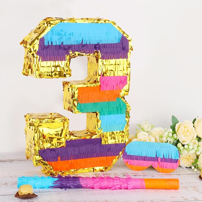 Rainbow Number 3 Pinata for 3rd Birthday Party Decorations, Fiesta, Centerpieces, Kids Anniversary, Celebrations, Birthday Party Supplies (16.1 x 10.6 x 3 Inches)