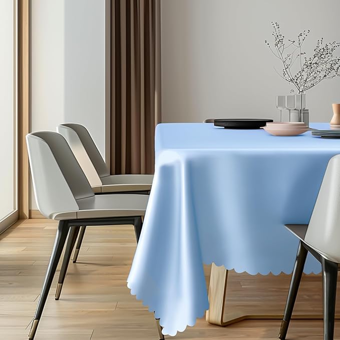 3 Pack Plastic Light Blue Tablecloth, 54 X 108Inch Disposable Baby Blue Scalloped Dessert Tablecoth for Rectangle Table Waterproof Spring Table Cover for BBQ Picnic Wedding Birthday Baby Shower Decor