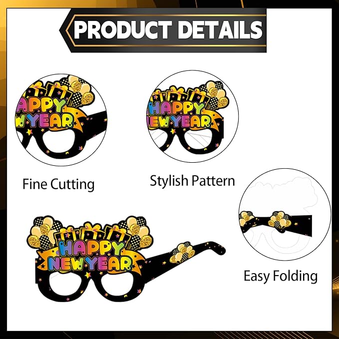 16PCS Happy New Year Glasses, New Year Paper Eyeglasses Photo Booth Props for 2026 Party Supplies Decorations