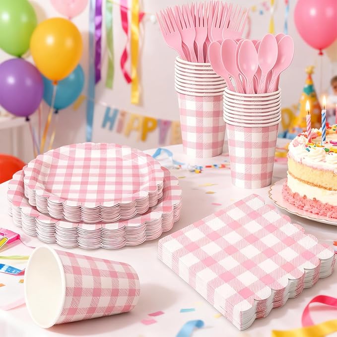 175 PCS Pink Gingham Party Supplies Includes Pink Gingham Paper Plates, Cups, Napkins, Cutlery for Baby & Bridal Shower, Wedding, Birthday Party, Outdoor Picnic, Serves 25
