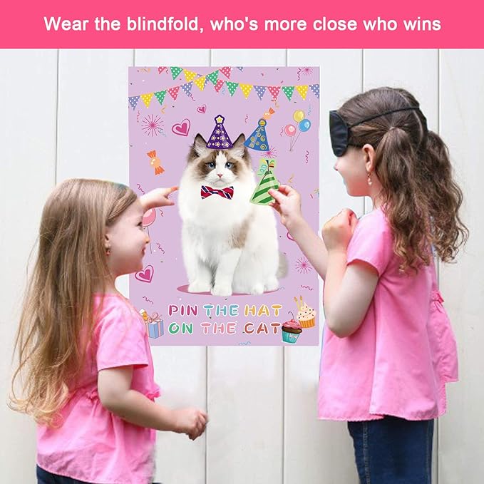 T-Antrix Pin The Hat on The Cat Party Games -Cat Themed Birthday Games for Girls with 21'' x 28'' Poster, Resuable Hats Stickers Carnival Party Supplies Kids Birthday Party Favor Sets