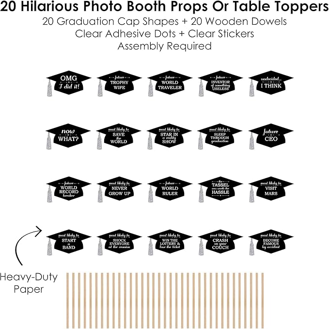 Big Dot of Happiness Silver - Hilarious Graduation Caps - Graduation Photo Booth Props Kit - 20 Count