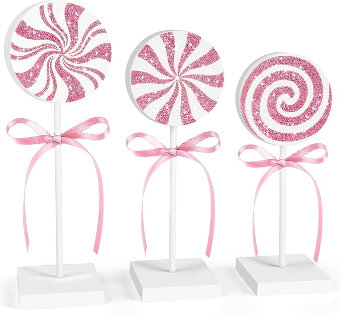 3 Pieces Christmas Table Decorations Wood Candy Set, Pink Christmas Tiered Tray Decor,Rustic Candy Table Decorations for Home Tables (Pink)