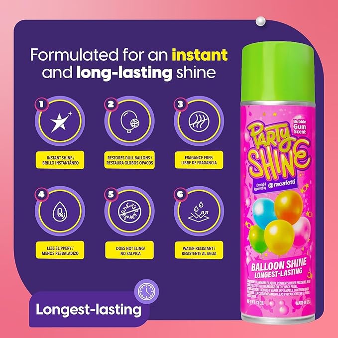 Party Shine Bubble Gum Balloon Shine Spray, Silicone Spray for Latex Balloons, Sweet Bubble Gum Scent, Waterproof, Non-Slip Formula, Balloon Spray Shine Perfect for Party Decorations, 8oz (1 Pack)
