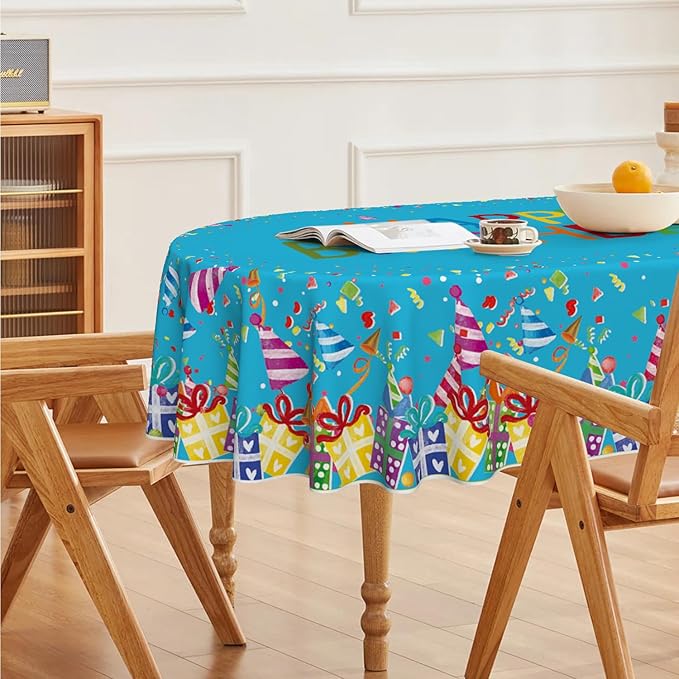 Horaldaily Birthday Tablecloth 60x84 Inch Oval, Happy Birthday Ballon Blue Washable Seasonal Table Cover for Party Picnic Dinner Decor