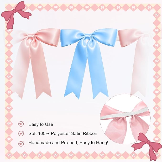 2 Strings of 16PCS Baby Pink&Baby Blue Bow Garlands Banner Decoration,Pre-Strung Satin Ribbon Ornaments for Gender Reveal Party,Baby Shower,Birthday,Bridal Shower,Graduation Decor,Anniversary,Wedding