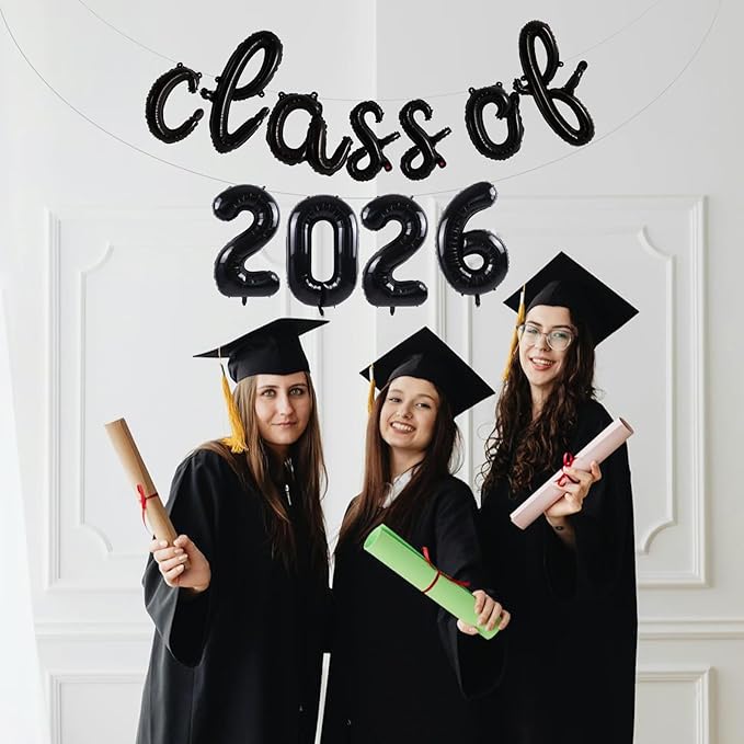 TONIFUL Black Cursive Class of 2026 Graduation Balloon Banners 2026 Commencement Decor Grad Foil Balloons 2026 Congrats Grad Balloons for Class of 2026 Congratulation Graduation Party Supplies