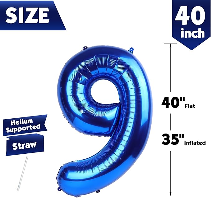 40 Inch Metallic Blue Number 9 Balloon, Giant 9 Number Balloons for 9th Birthday Decorations, Party Supplies for Baby Boy Girl, Metallic Blue Party Decor