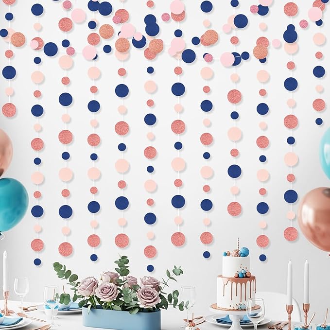 Outus 10 Pieces Blue,Pink,Rose Gold Round Dots Garland Easter Graduation Party Hanging Decor Each Length 13.1ft Glitter Paper Dot Streamers for Birthday Wedding Classroom