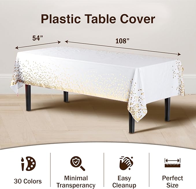 Exquisite 12-Pack Premium Plastic Tablecloth Black & Gold Dot Rectangular Plastic Tablecloth - 54x108 Inch, Pack of 12