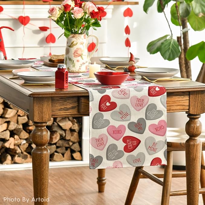Artoid Mode Grey Pink Ture Love Heart Valentine's Table Runner, Seasonal Kitchen Dining Table Decoration for Home Party Decor 13x72 Inch