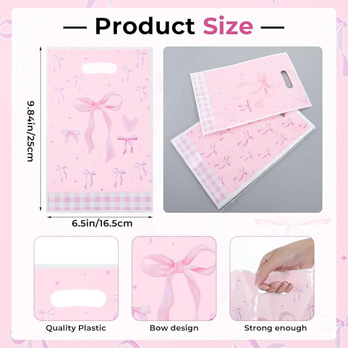 QfwdfcTrenz 50 Pcs Pink Bow Plastic Gift Bags, Goodie Dags with Handles Light Color Bow Themed Party Candy Favor Bag for Birthday Bridal Engagement Party